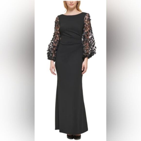 Eliza J 3D Floral-Sleeve Boat-Neck Gown NWT size 10 Black